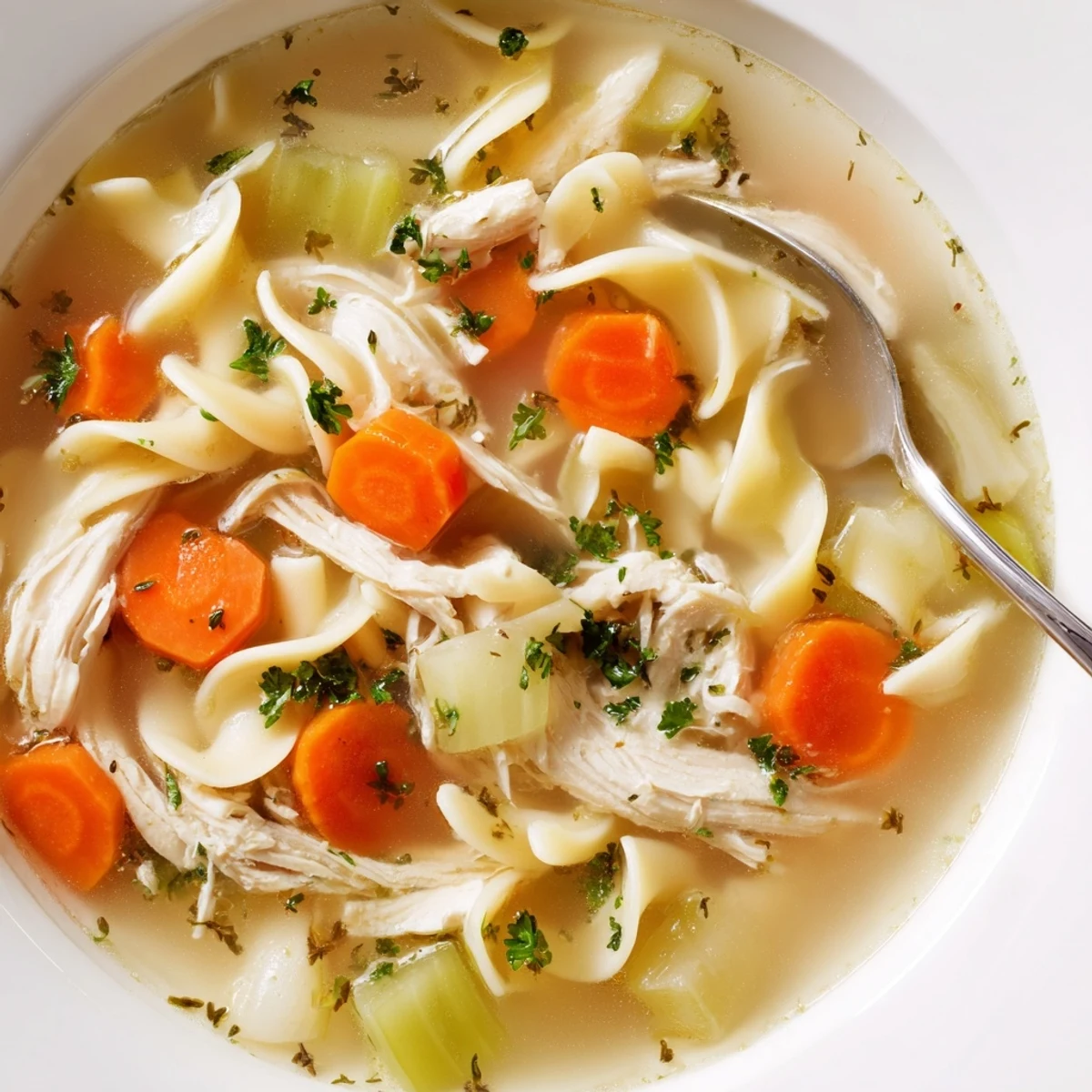 Cozy Chicken Noodle Soup served hot with crusty bread and lemon squeeze.