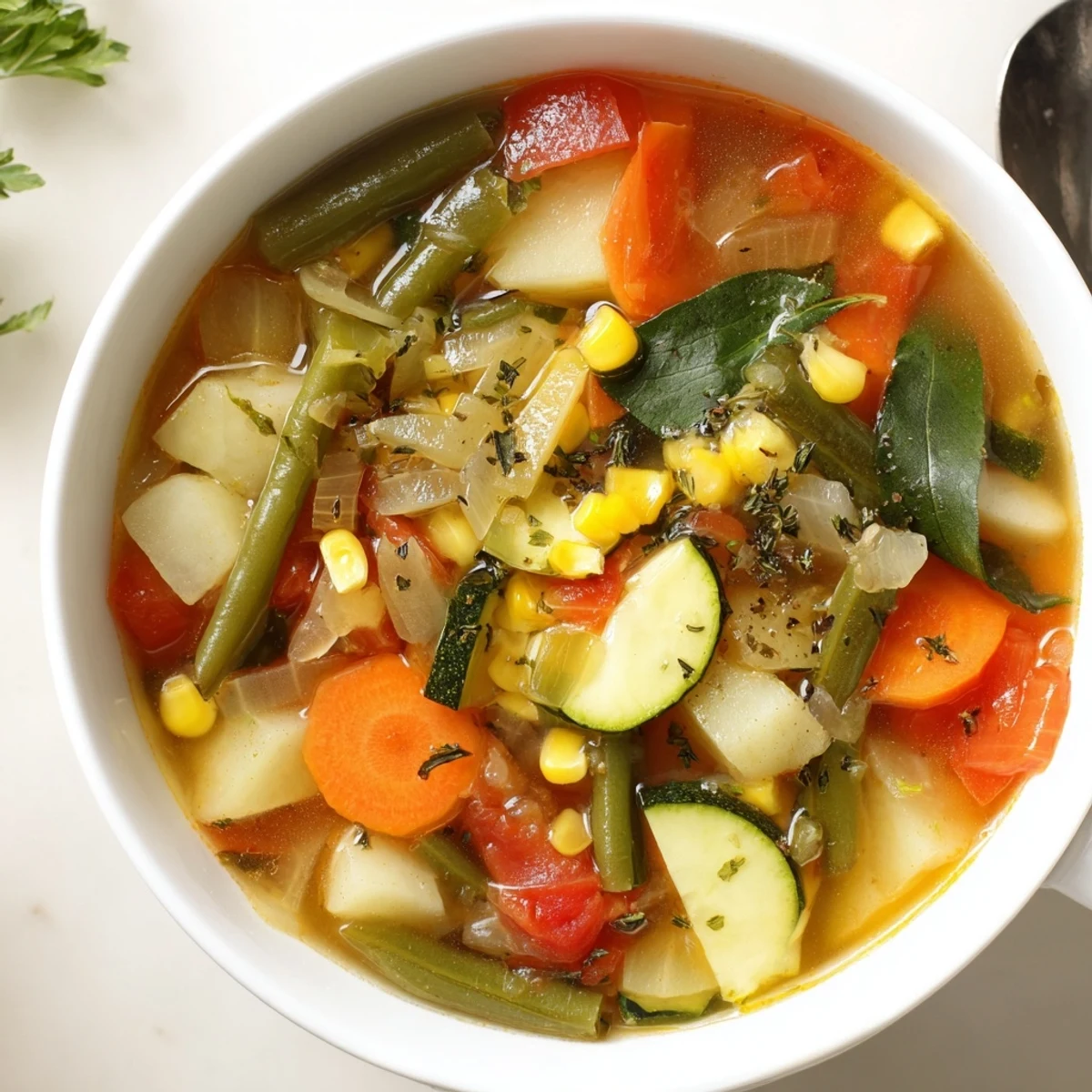 Vegetable Soup steaming in a ceramic bowl with parsley garnish