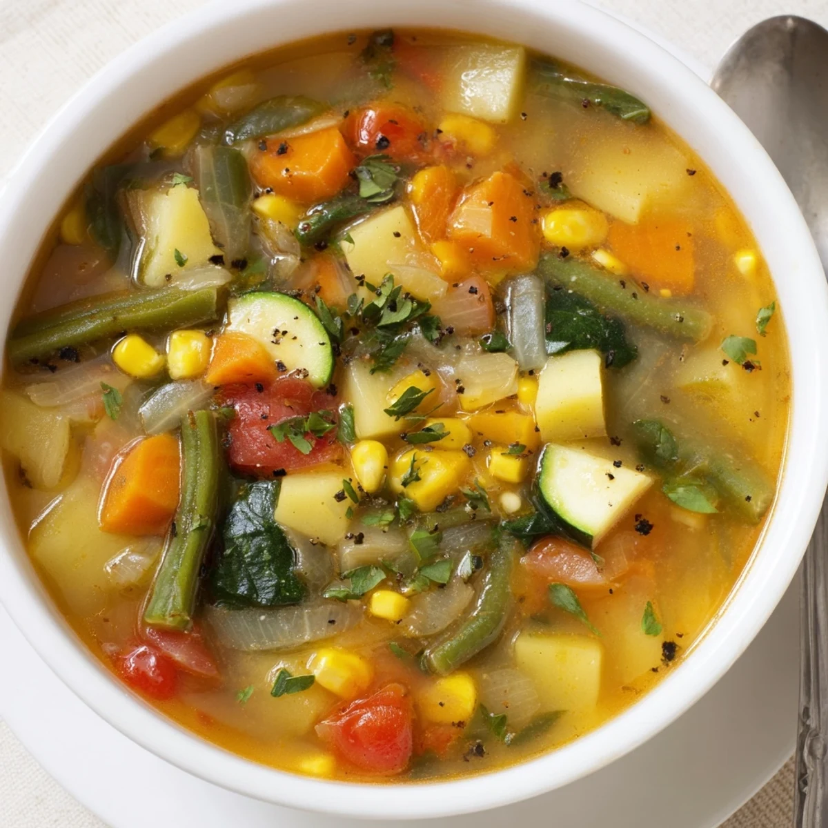 Hearty Vegetable Soup brimming with tender vegetables, herbs, and broth