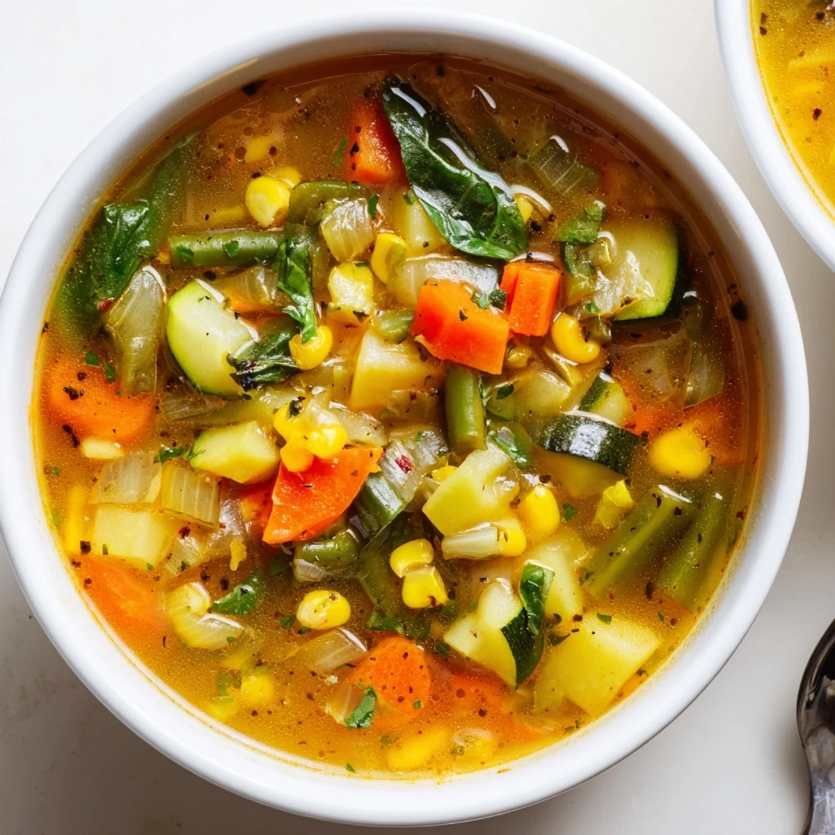 Warm Vegetable Soup ladled beside crusty bread, steam rising, fork nearby