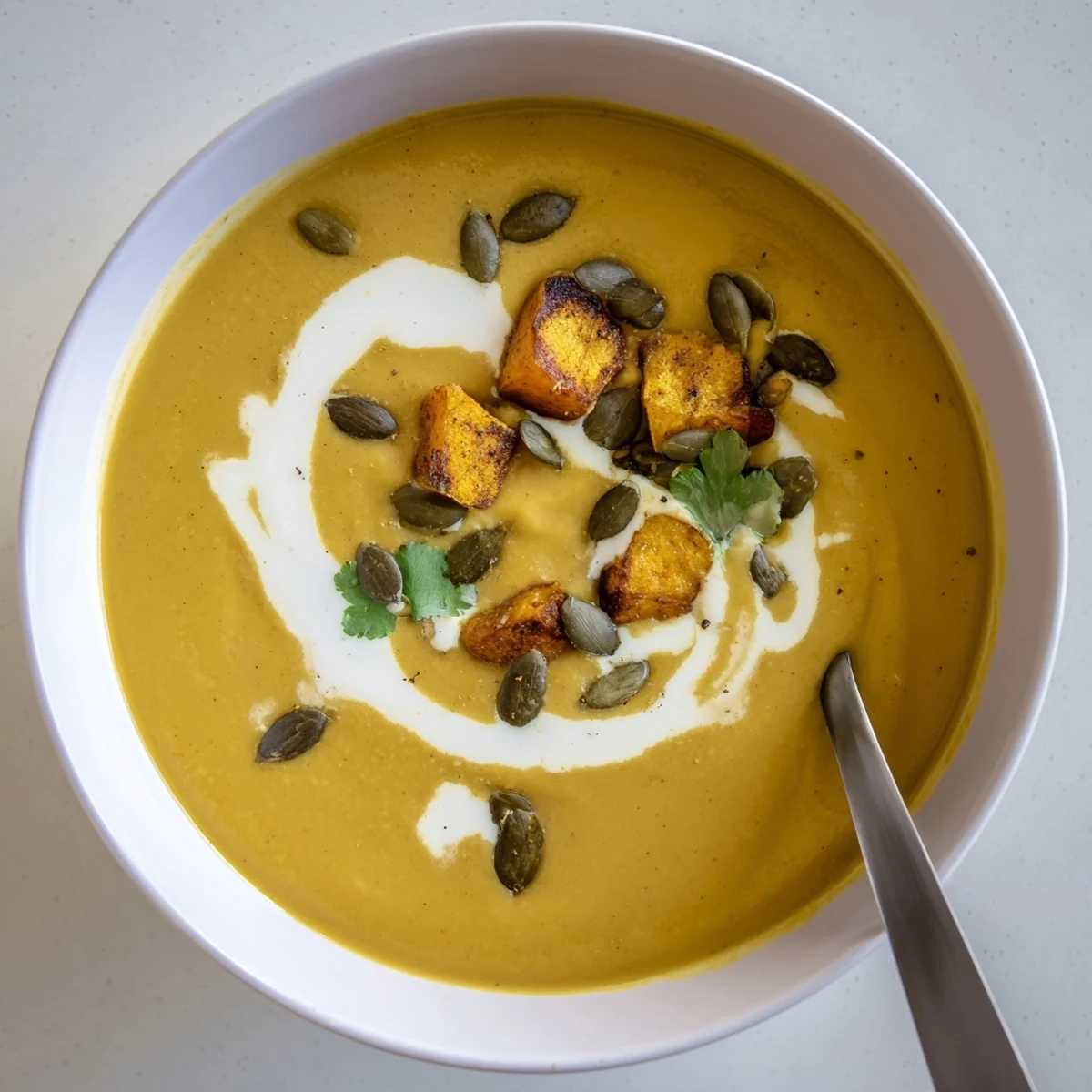 Creamy Pumpkin Soup steaming in bowl, garnished with roasted pumpkin seeds.