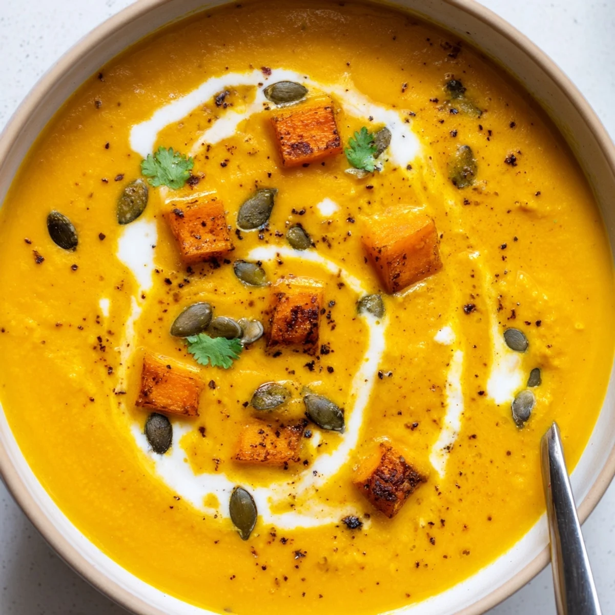 Roasted Pumpkin Soup smooth and aromatic, served with a slice of crusty bread.
