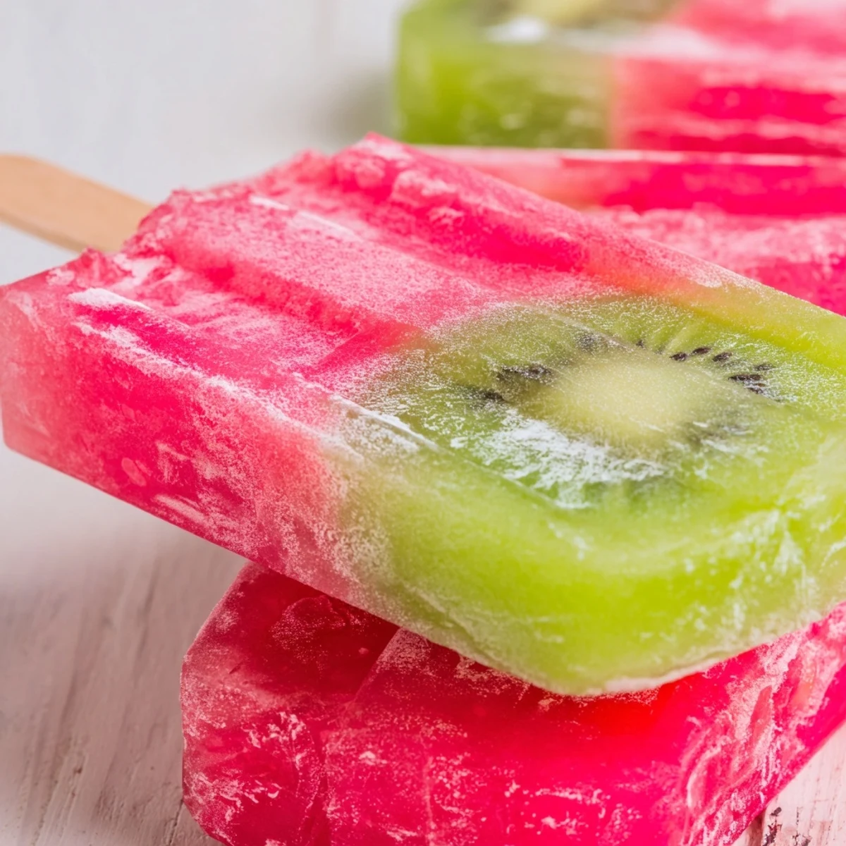 Vibrant watermelon kiwi fruit pops with two colorful frozen layers showing red and green swirls