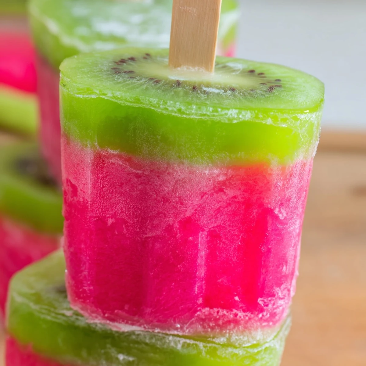 Homemade watermelon kiwi fruit popsicles featuring fresh fruit puree layers in popsicle molds