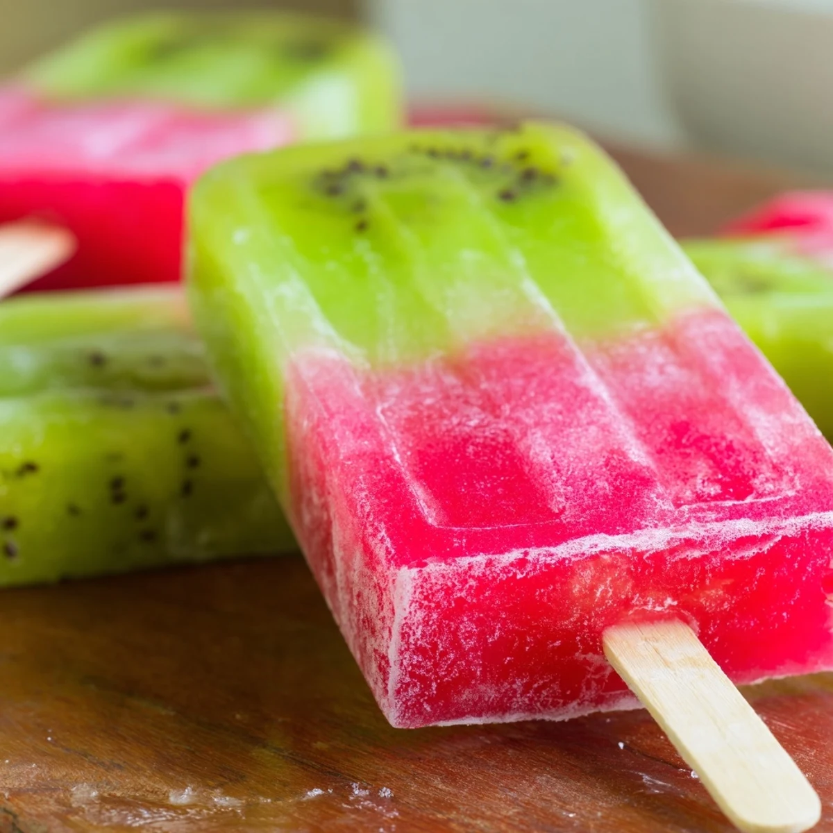 Refreshing summer treat displaying frozen watermelon kiwi fruit pops with natural fruit colors and textures