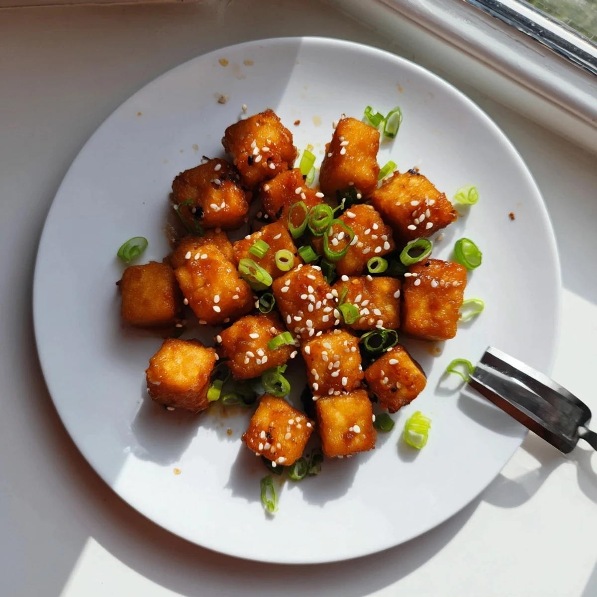 Golden brown crispy honey garlic tofu cubes glistening with sticky sweet sauce