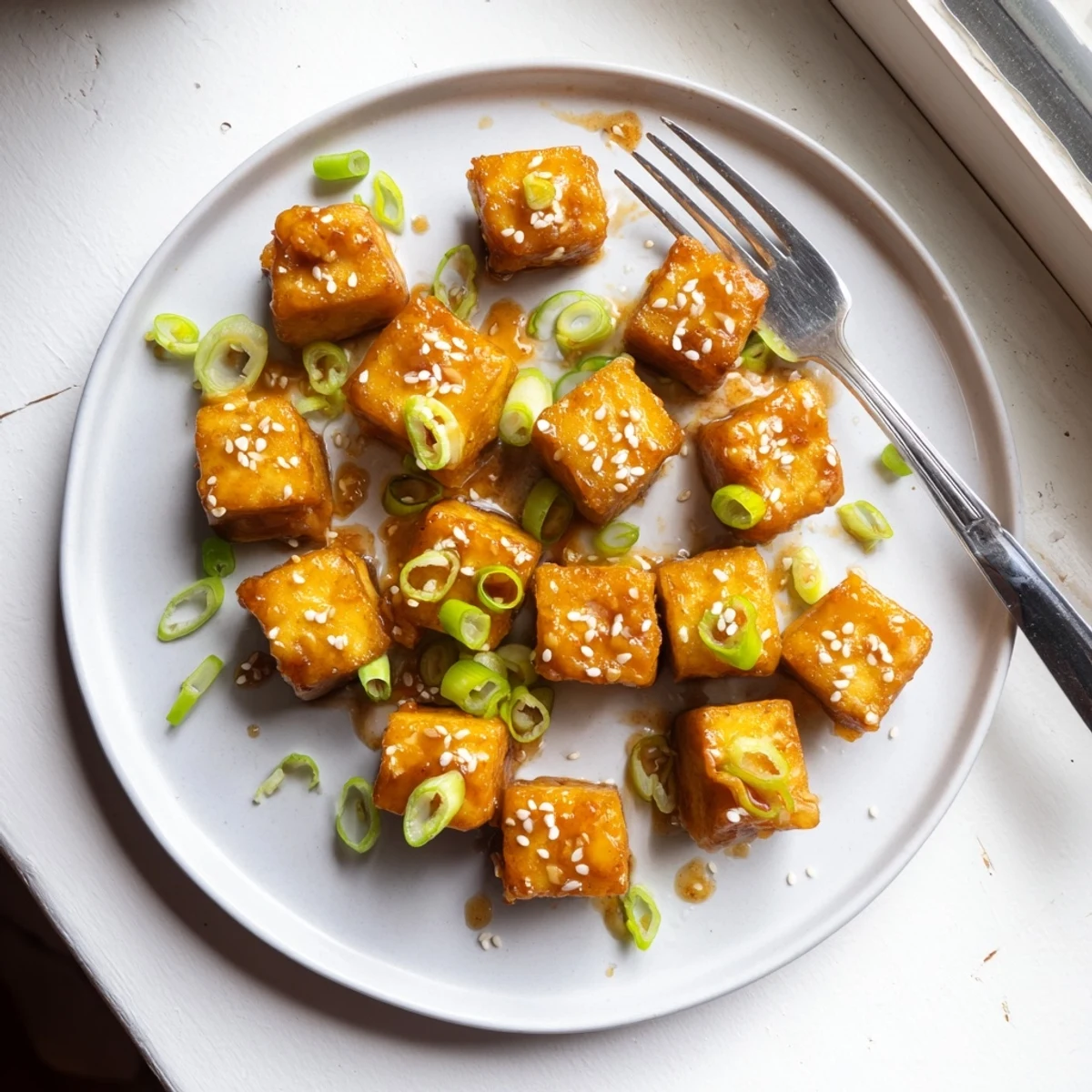 Plate of honey garlic tofu served with fluffy white rice and fresh green onions