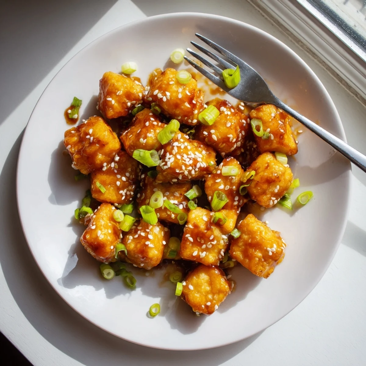 Crispy pan-fried tofu pieces coated in glossy honey garlic glaze with sesame seeds