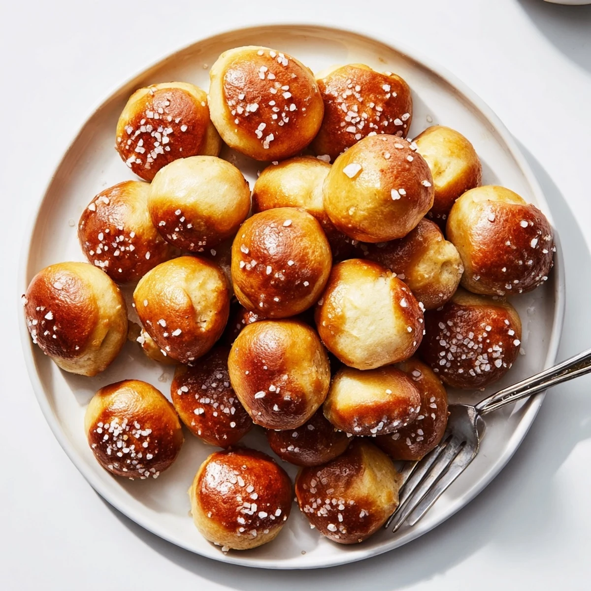 Warm chewy pretzel bites arranged on a serving platter with cheese dipping sauce