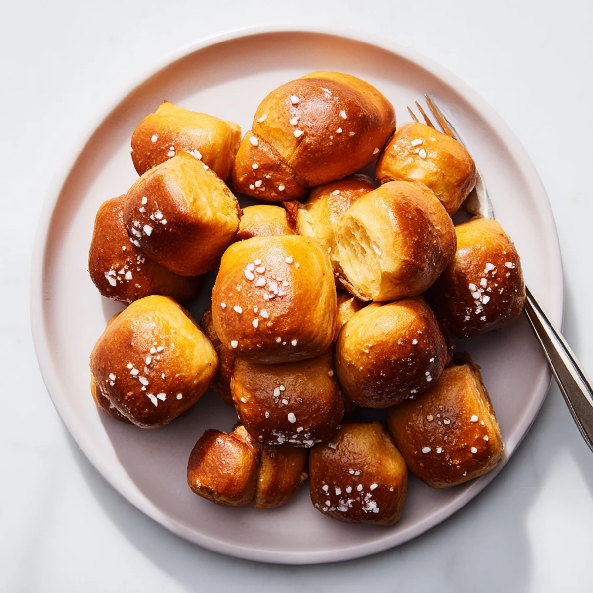 Golden homemade soft pretzel bites sprinkled with coarse salt on a wooden board