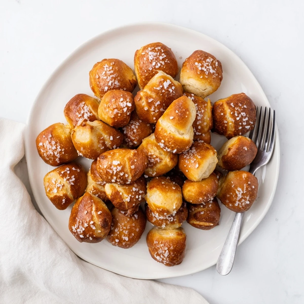 Freshly baked pretzel bites with shiny golden crust and sea salt topping