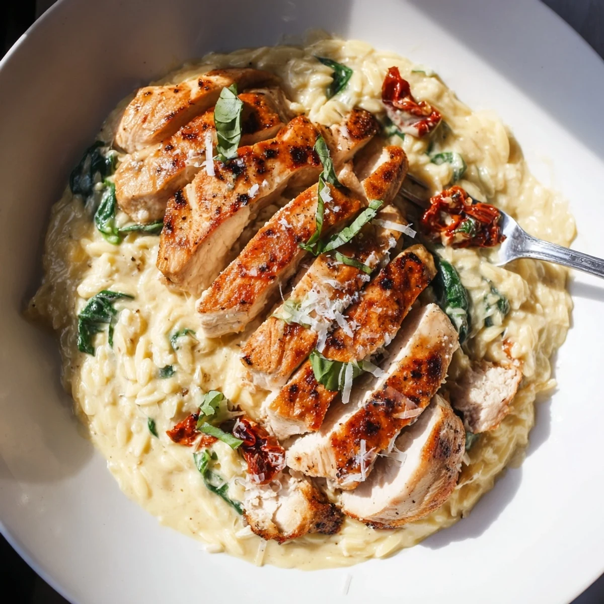 Creamy Marry Me Chicken Orzo served in a white bowl topped with fresh basil and Parmesan