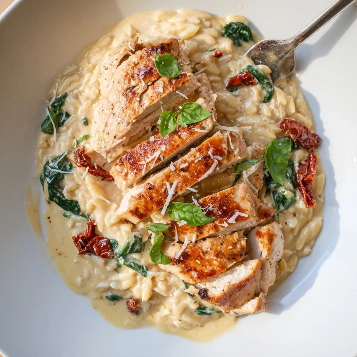 Golden sliced chicken resting over tender orzo pasta in a rich sundried tomato cream sauce