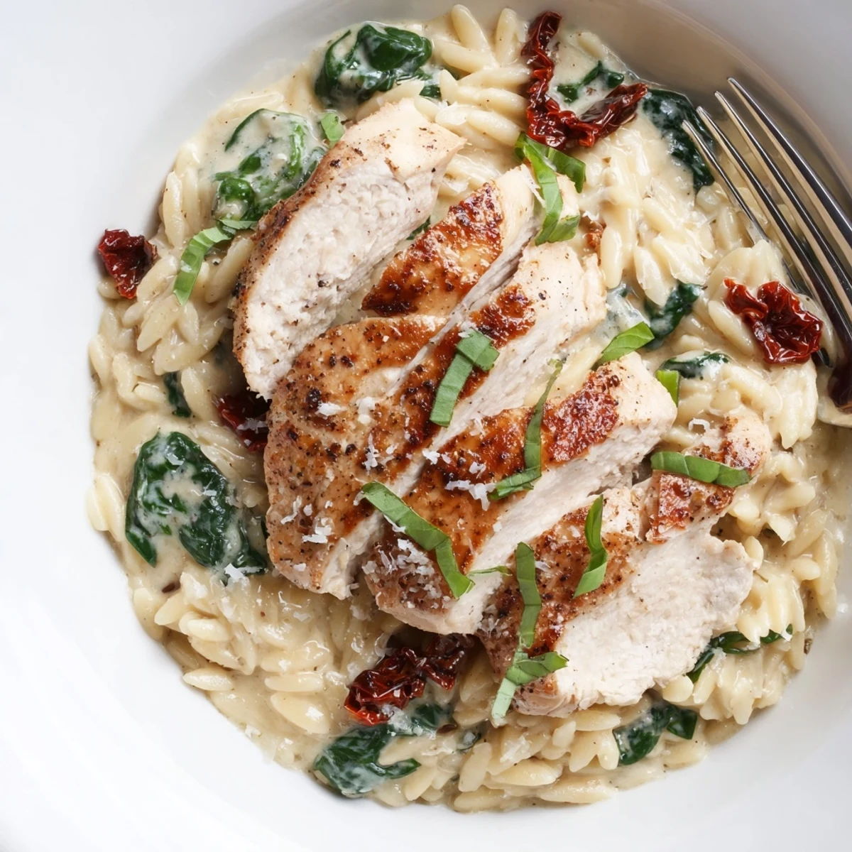 One-pot Marry Me Chicken Orzo dish featuring succulent chicken and creamy pasta with vibrant green spinach
