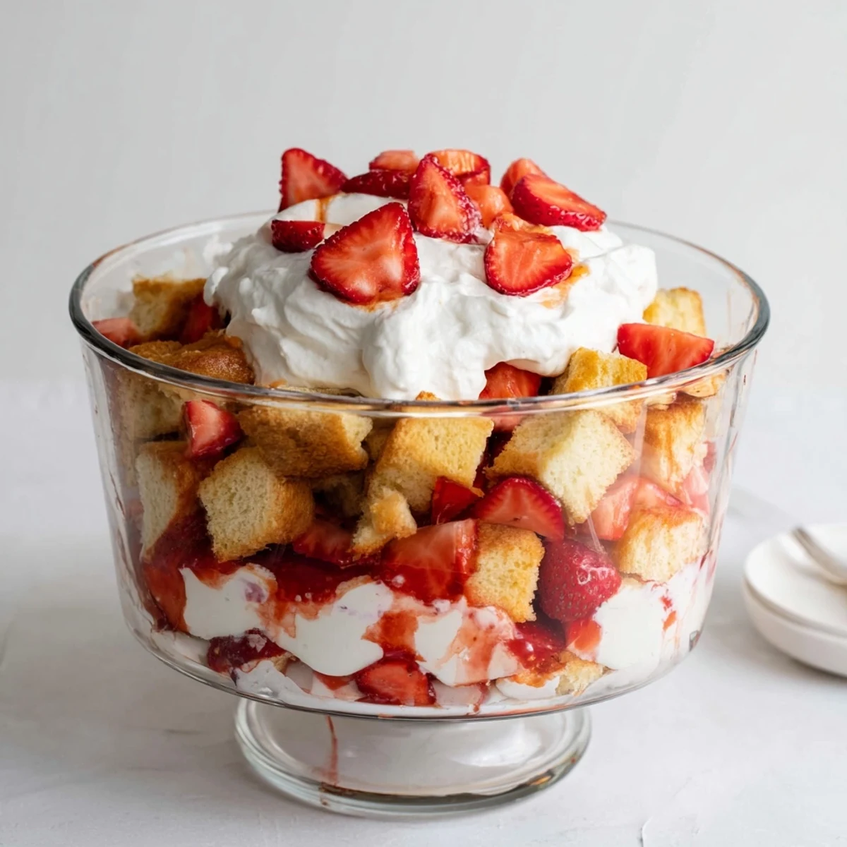 Golden strawberry shortcake trifles layered with fresh juicy berries and fluffy whipped cream in clear glass cups