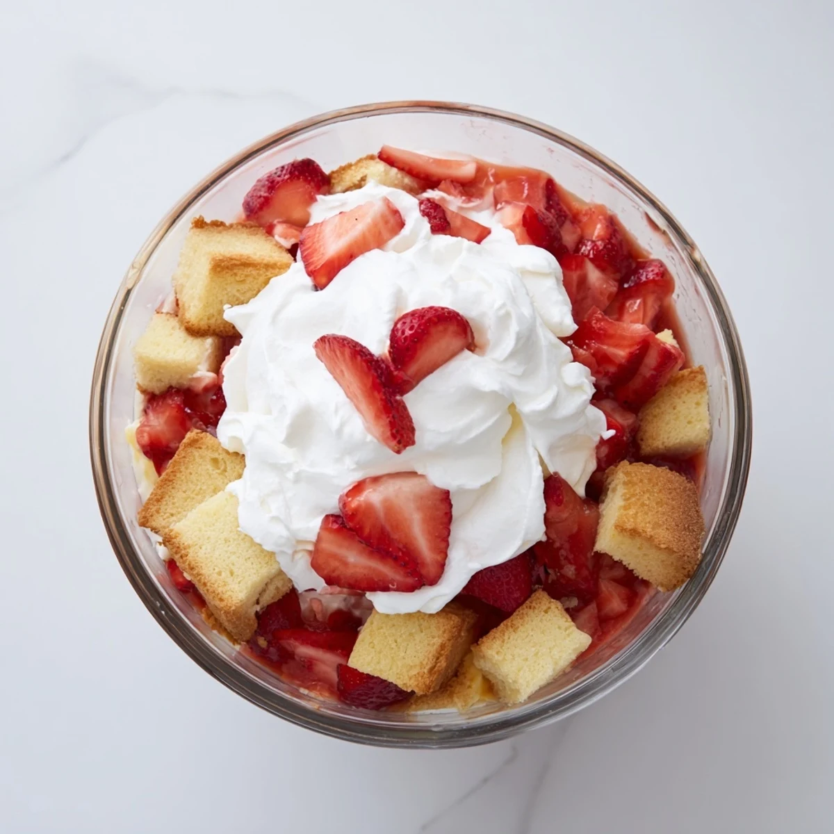 Individual strawberry shortcake trifles featuring tender cake cubes macerated strawberries and billowy vanilla cream
