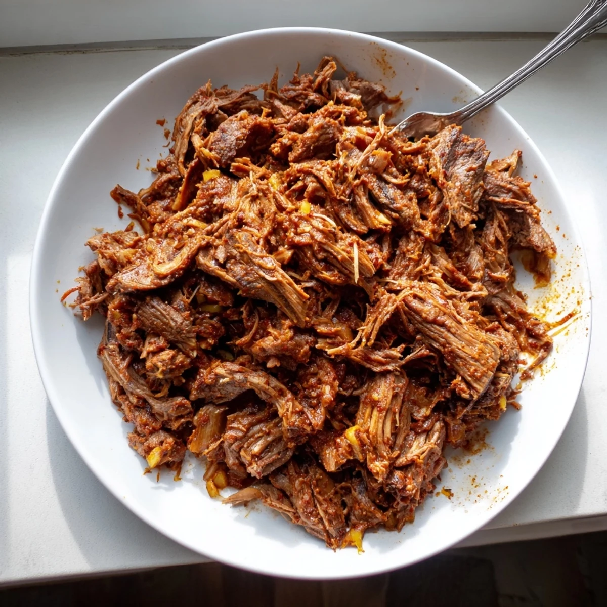Tender slow cooker beef barbacoa shredded into juicy spiced morsels piled high in a serving bowl
