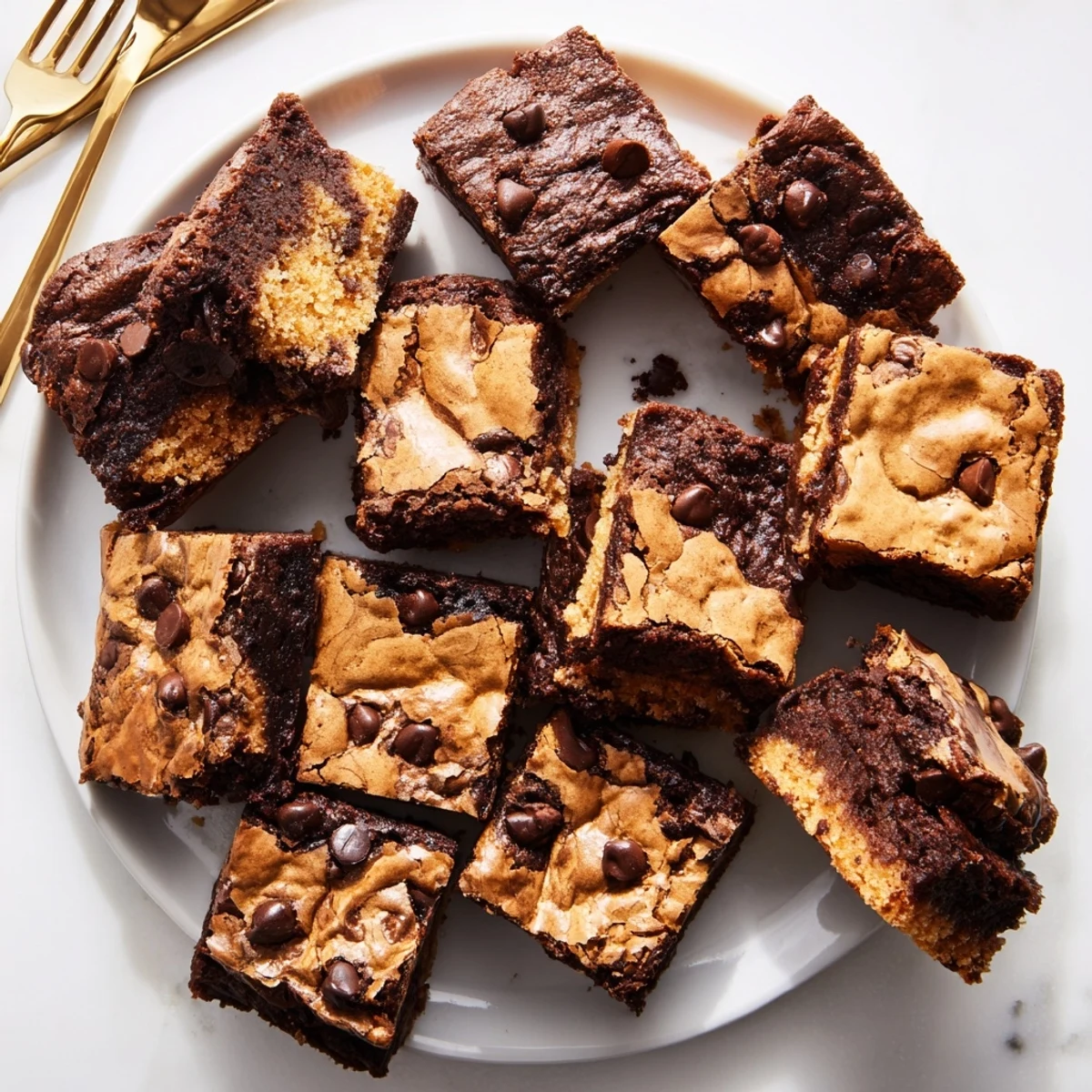 Golden fudgy brookies combining rich chocolate brownie and chewy cookie layers in a square baking pan
