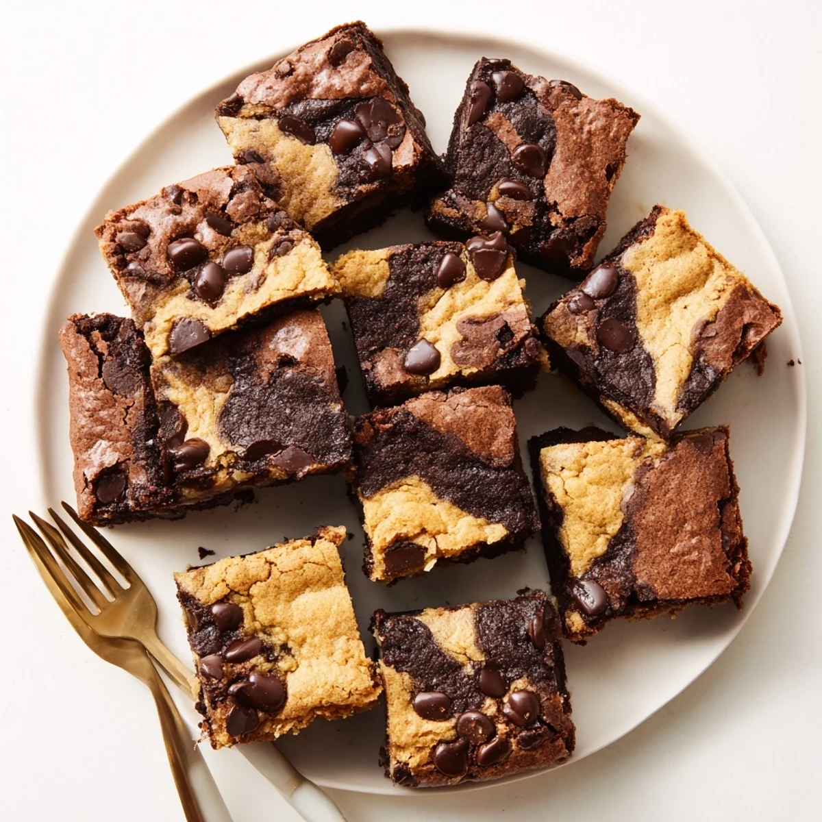 Decadent chocolate brookies cut into squares revealing fudgy brownie bottom studded with semi-sweet chocolate chips
