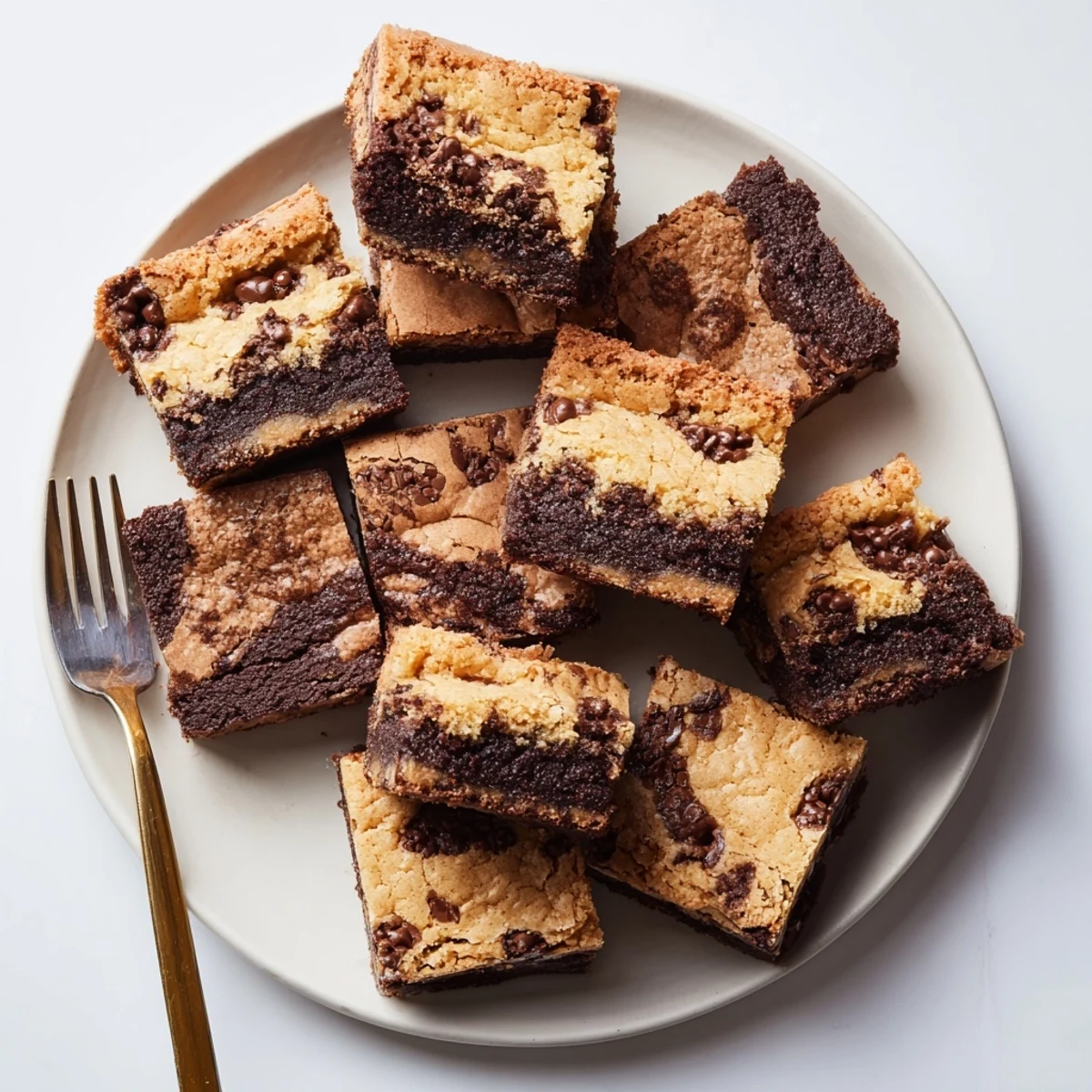 Freshly baked brookies bar showcasing marble swirl of dark chocolate brownie and chocolate chip cookie textures