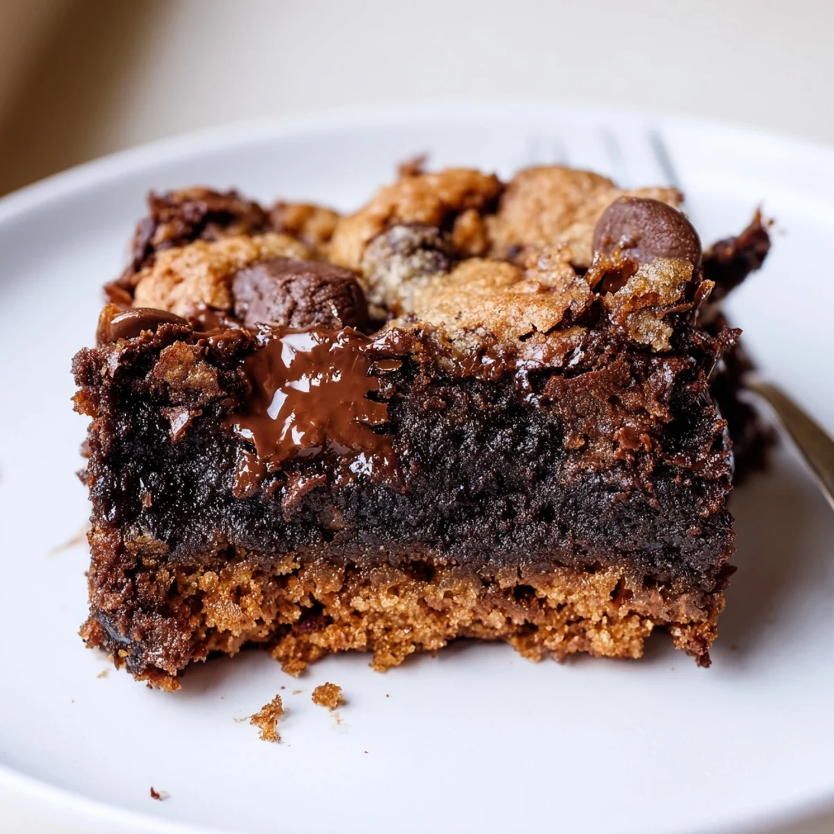 Slice of Fudgy Chewy Brookies recipe with melting chocolate, served alongside vanilla ice cream.