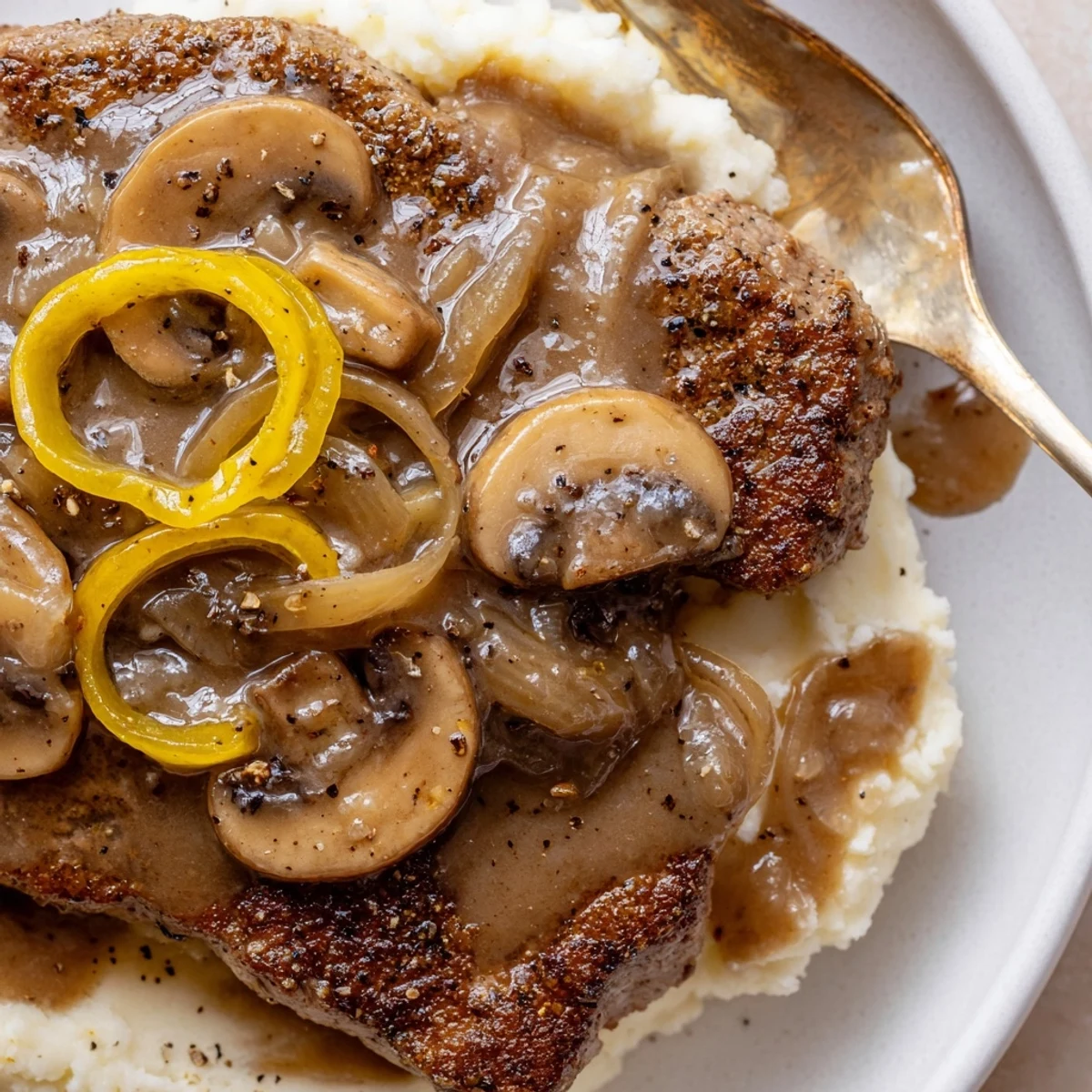 Fork-tender Country Style Smothered Cube Steak topped with caramelized onions and mushrooms