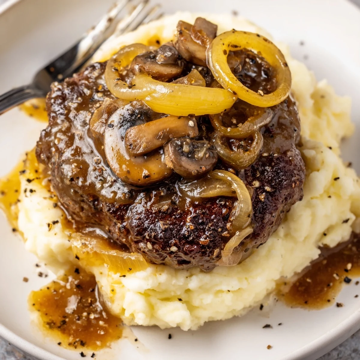 Country Style Smothered Cube Steak simmering in brown gravy over mashed potatoes