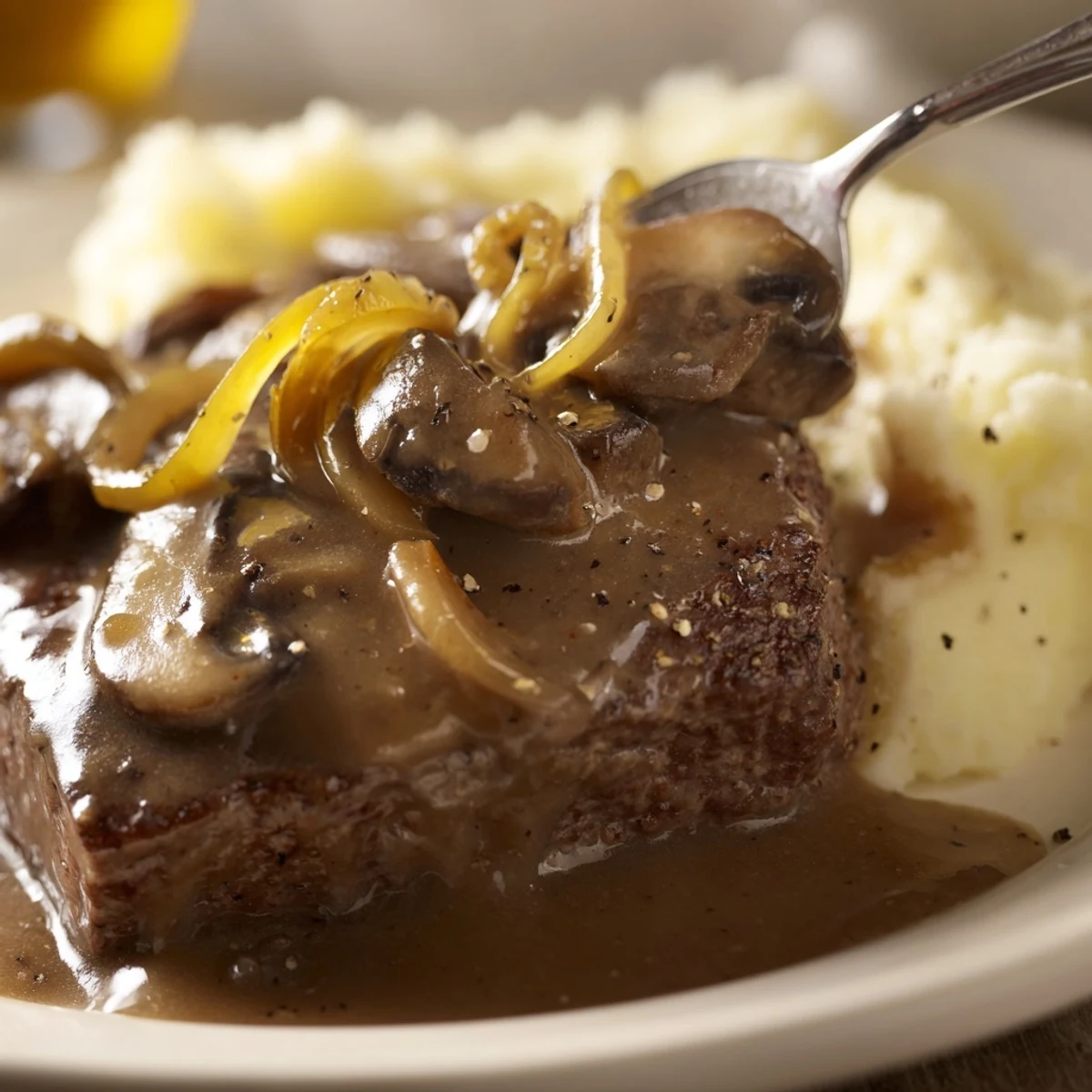 Country Style Smothered Cube Steak nestled in savory gravy, served over noodles