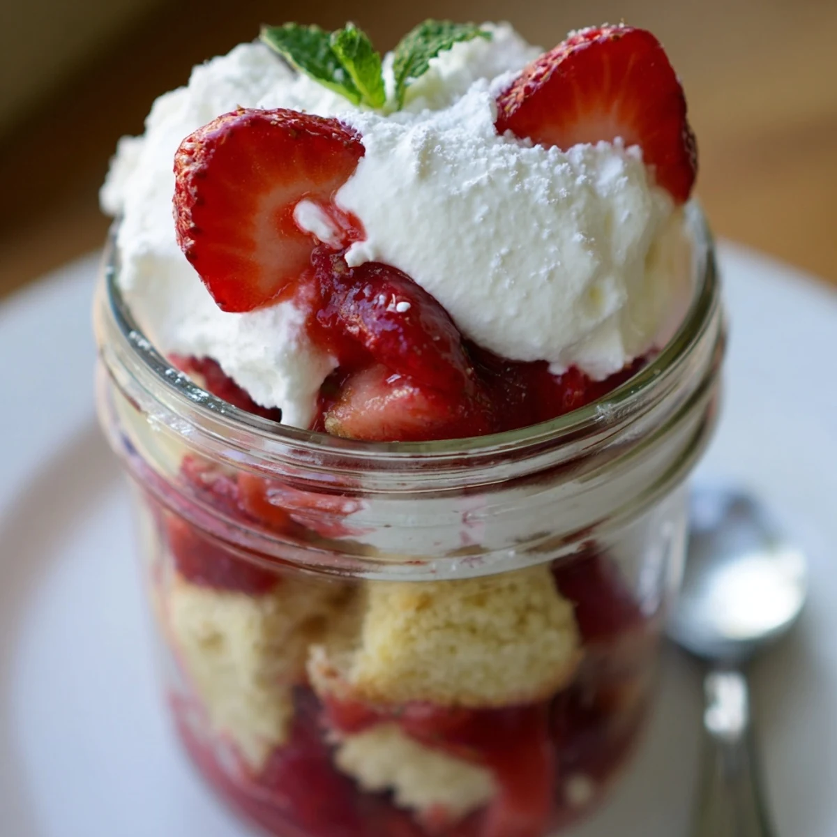 Tall Strawberry Shortcake Trifles served chilled with mint garnish and syrupy juices