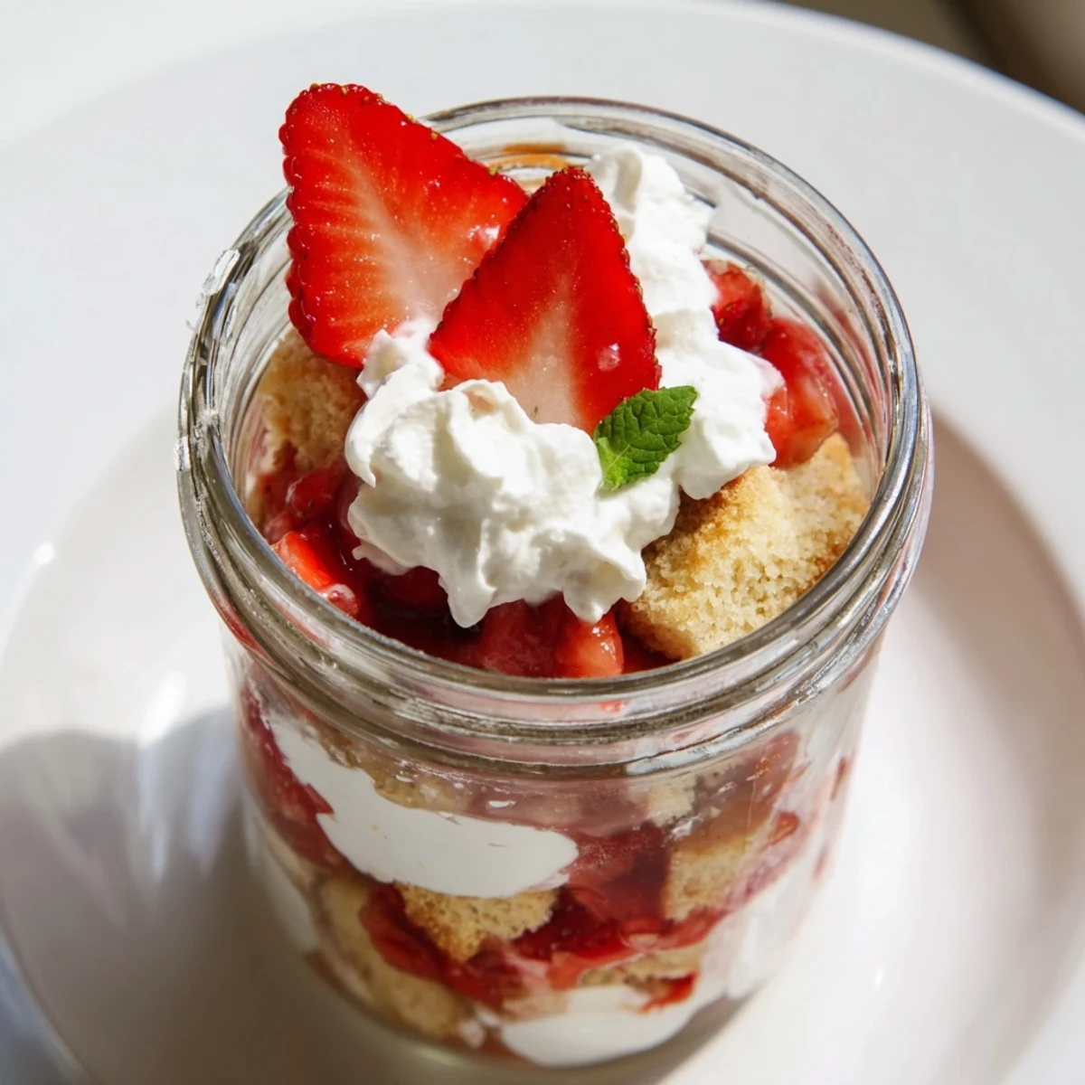 Individual Strawberry Shortcake Trifles showing golden shortcake crumbs, macerated strawberries, whipped peaks