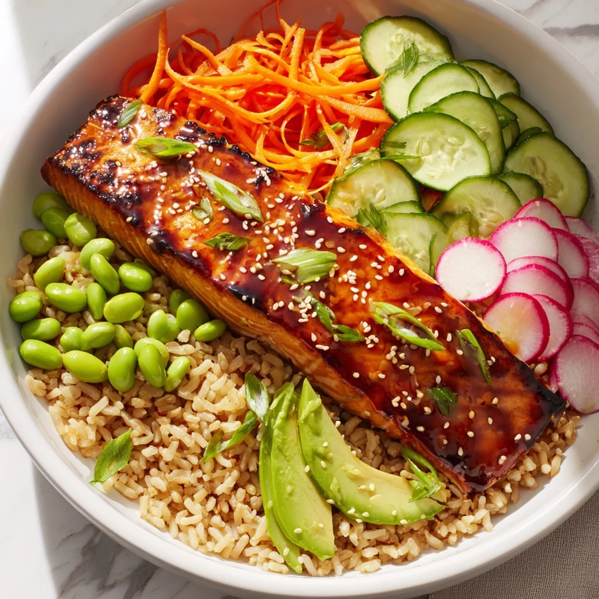 Glazed Asian salmon grain bowl topped with crisp vegetables and sesame seeds