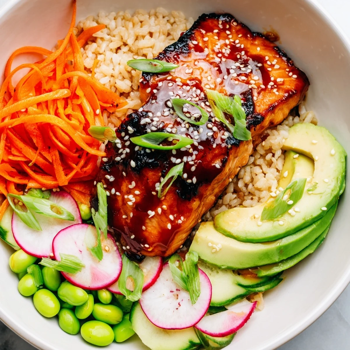 Caramelized Asian salmon grain bowl drizzled with dressing beside sliced avocado and edamame