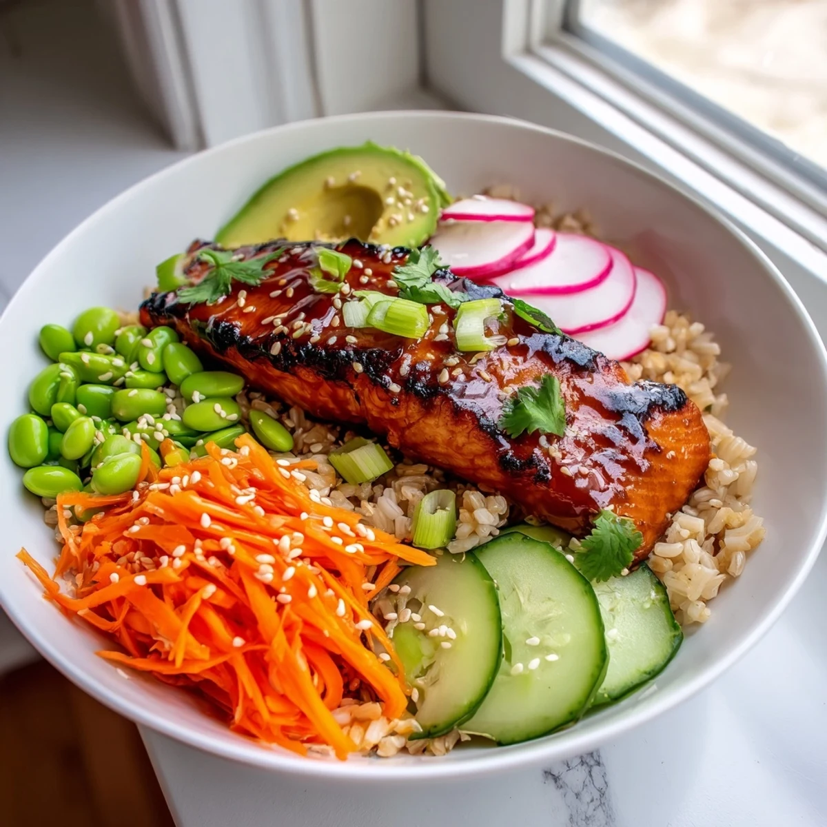 Asian salmon grain bowl served over brown rice with vibrant crunchy vegetables