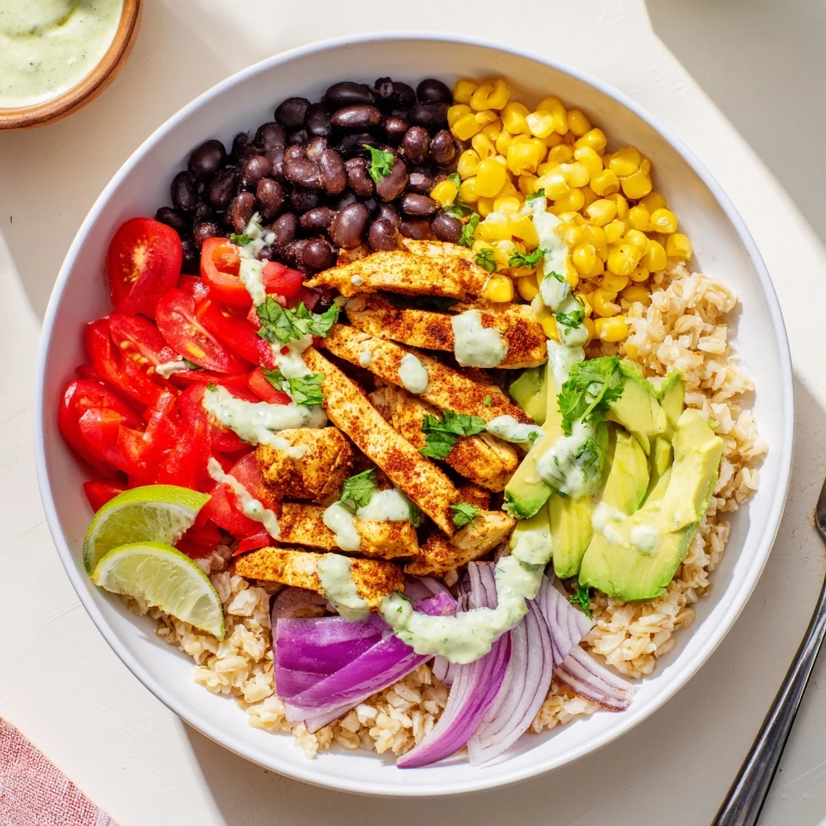 Spiced chicken nestled over brown rice with fresh avocado and black beans in this Mexican chicken grain bowl