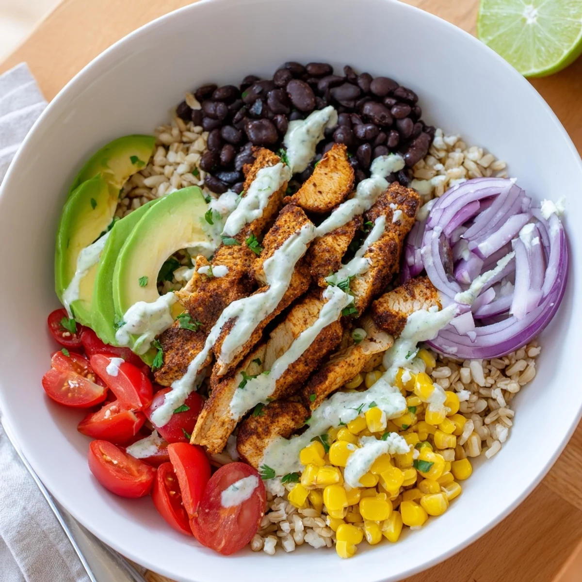 Golden sliced chicken tops a colorful Mexican chicken grain bowl drizzled with zesty lime crema