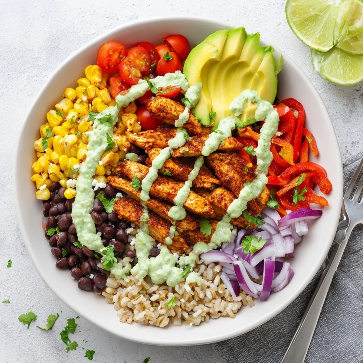 Vibrant Mexican chicken grain bowl features roasted corn, ripe avocado, and crumbled cotija cheese garnish