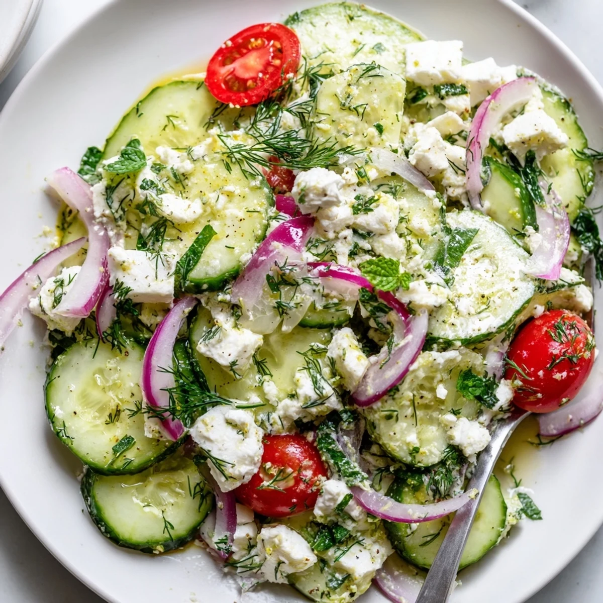 Crisp cucumber and crumbled feta glisten with fresh herbs and lemon dressing in this vibrant Mediterranean salad.