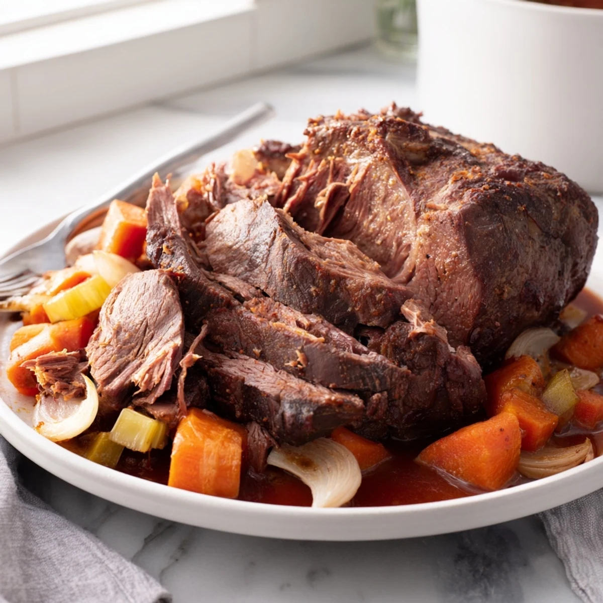Tender perfect pot roast surrounded by carrots, celery, and rich pan juices on a rustic platter.