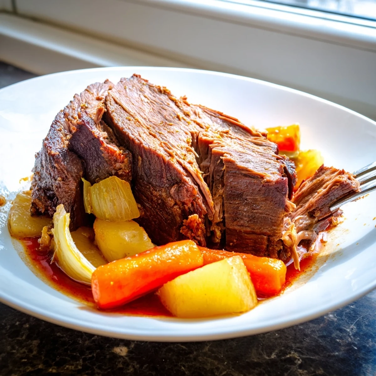 Perfect pot roast sliced thick beside fork-tender vegetables drenched in savory, herb-infused beef gravy.