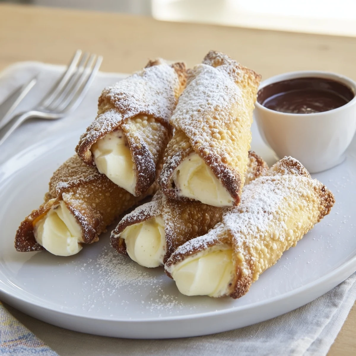 Crispy golden cheesecake egg rolls dusted with powdered sugar on a rustic plate