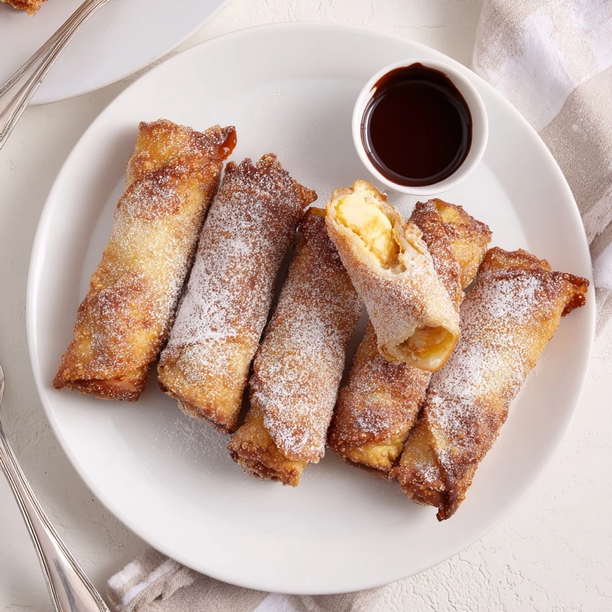 Golden fried cheesecake egg rolls arranged on a platter with strawberry garnish
