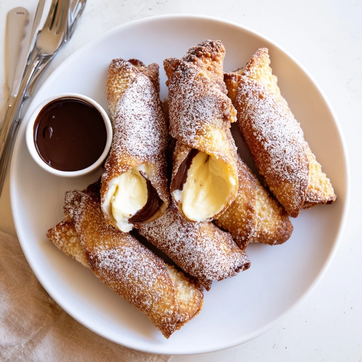 Creamy cheesecake egg rolls served warm with rich chocolate dipping sauce
