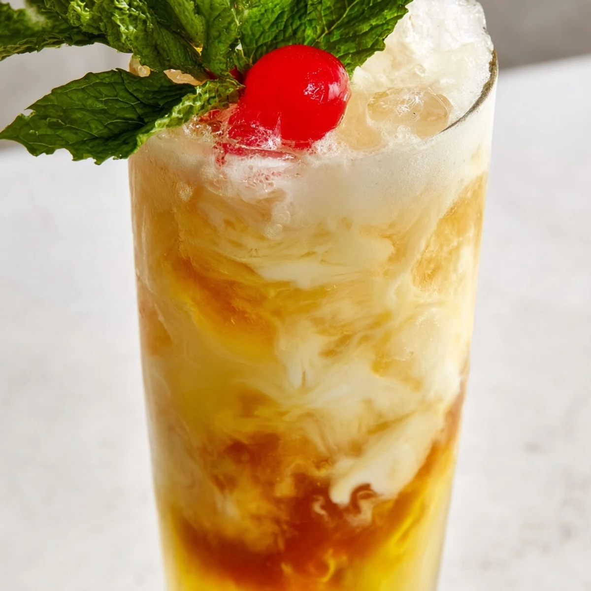Tropical Thunder Dirty Soda swirling with creamy coconut and mango over crushed ice