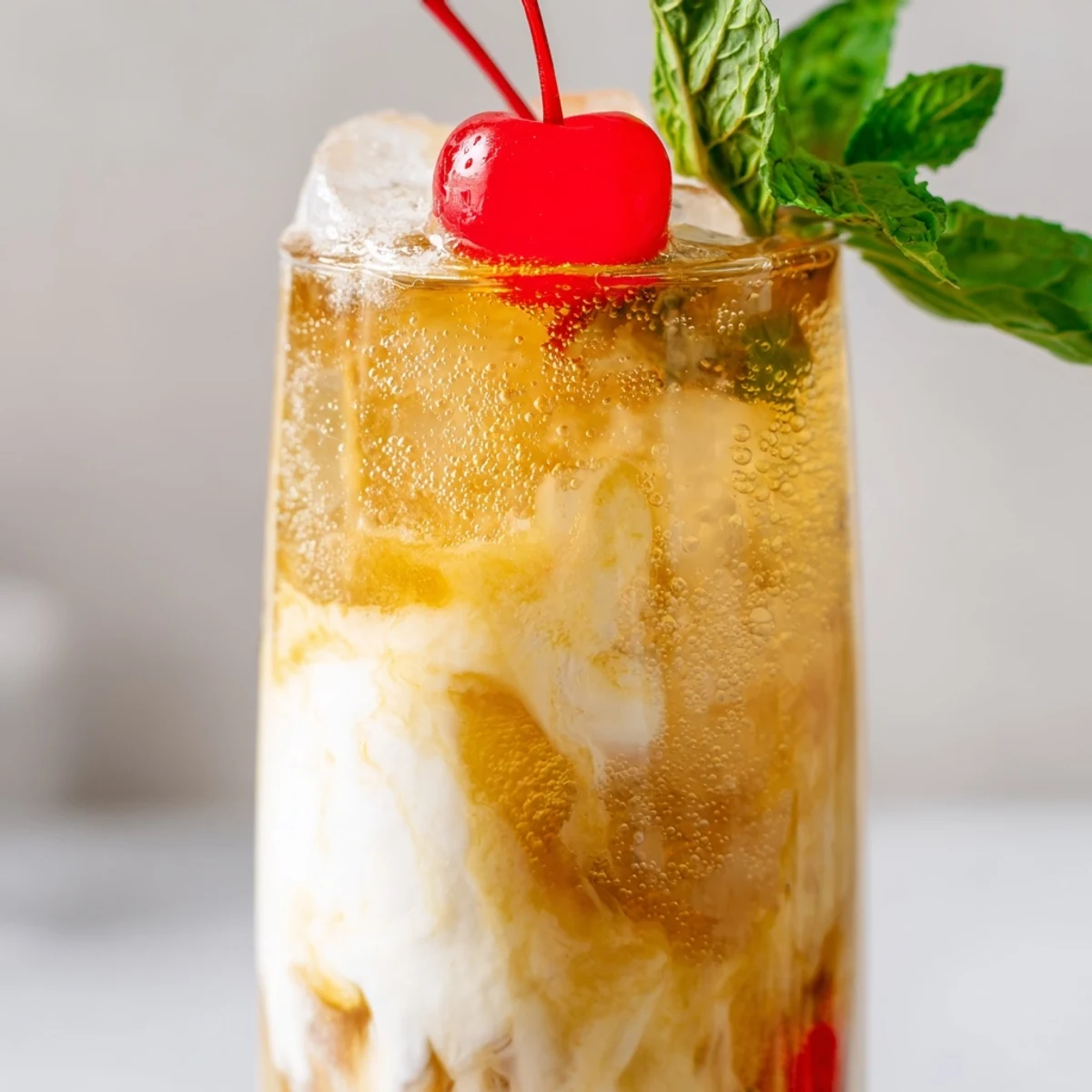 Tall glass of Tropical Thunder Dirty Soda with a rich, tangy cream layer