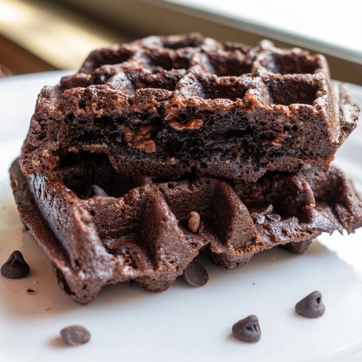 Crisp fudgy brownie waffles fresh off the iron, drizzled with warm chocolate sauce