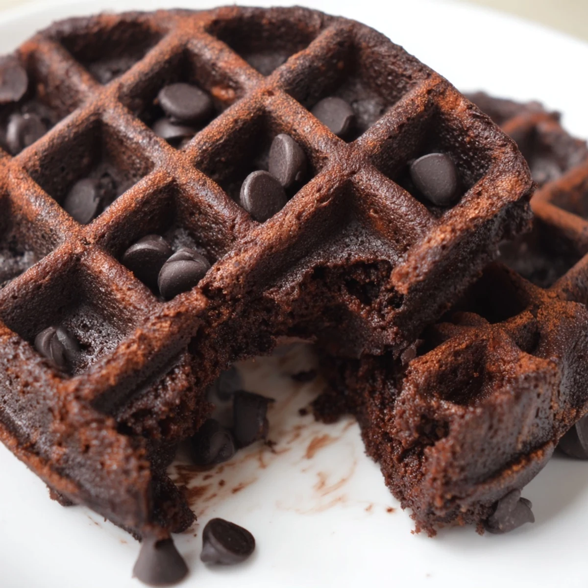 Golden fudgy brownie waffles topped with whipped cream and fresh berries