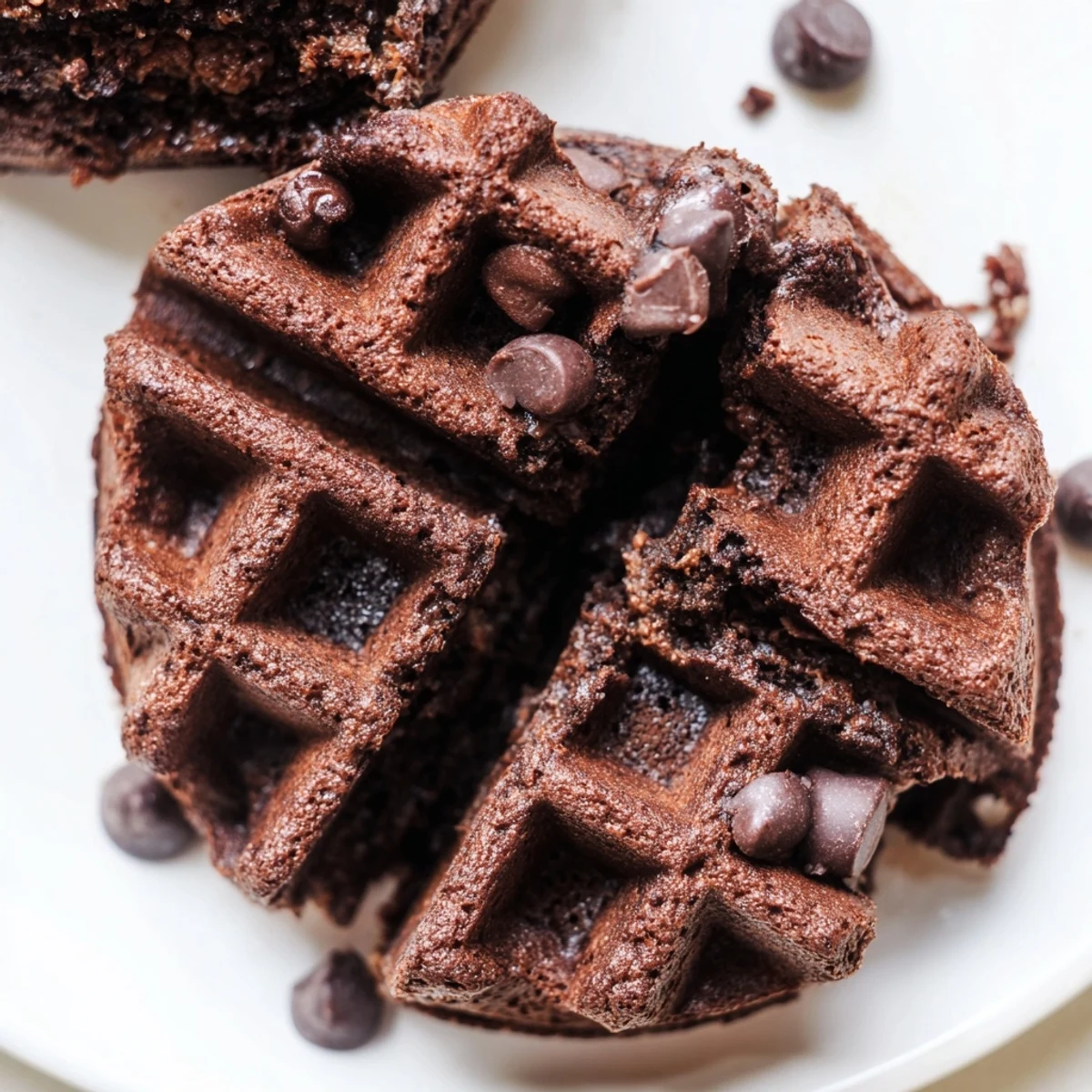 Gooey fudgy brownie waffles stacked high and dusted with powdered sugar