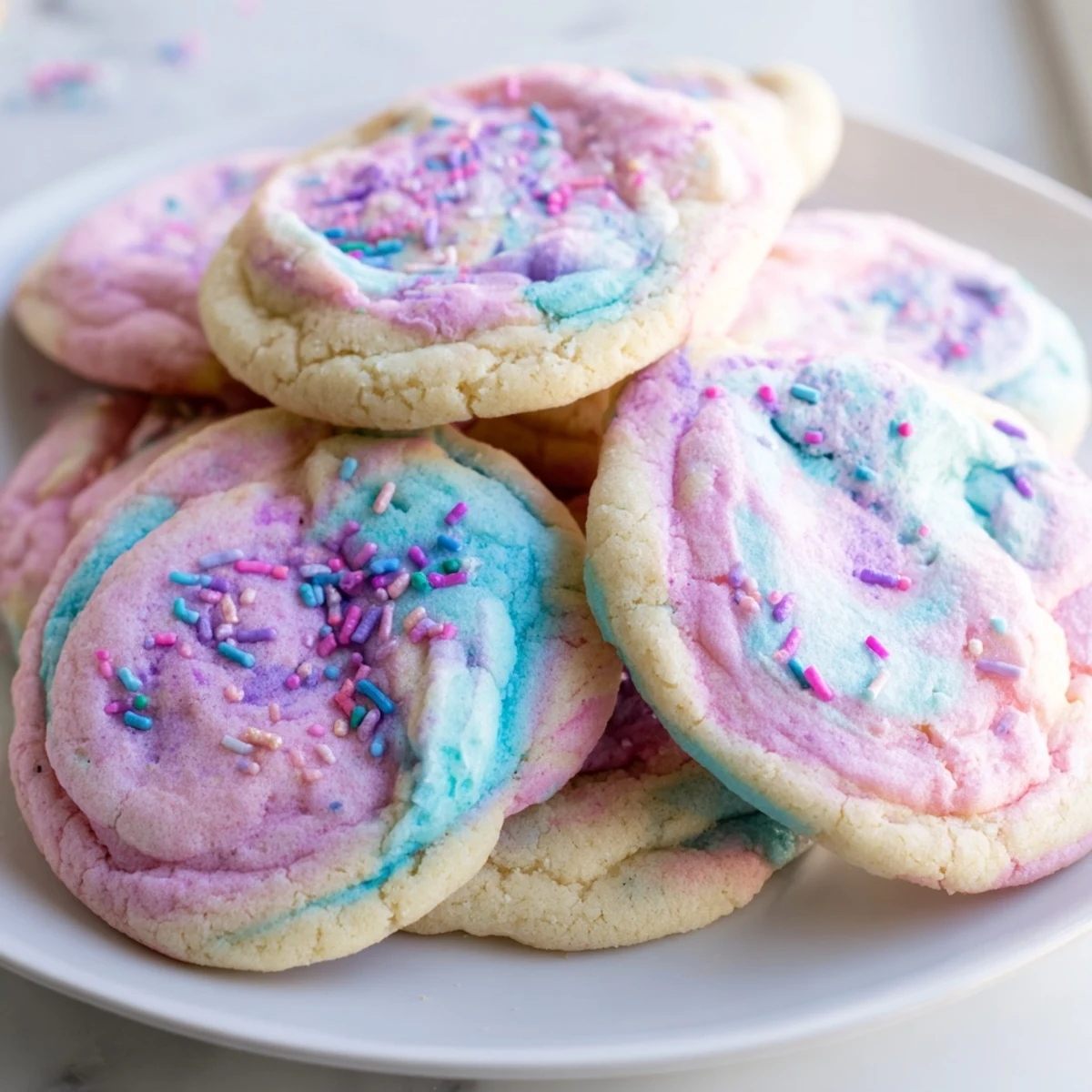 Swirled pink and blue cotton candy cookies with pastel sprinkles on a rustic baking sheet