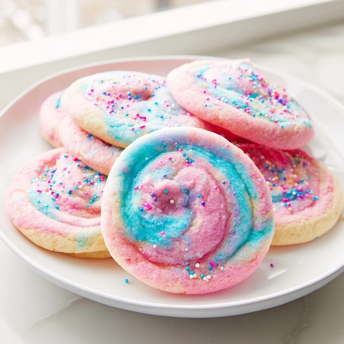 Soft cotton candy cookies marbled in pastel pink and blue topped with colorful sprinkles