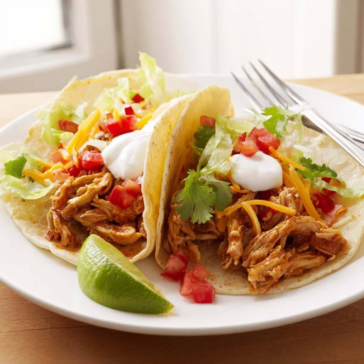 Juicy slow cooker ranch chicken tacos topped with melted cheddar and fresh cilantro